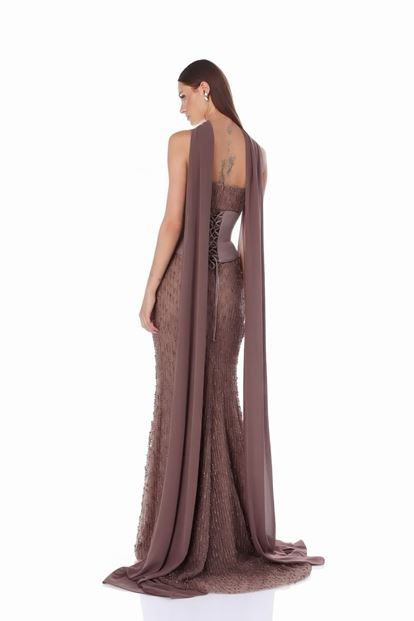 Braunes Satin Bustier Top Pailletten Meerjungfrau Abend Set